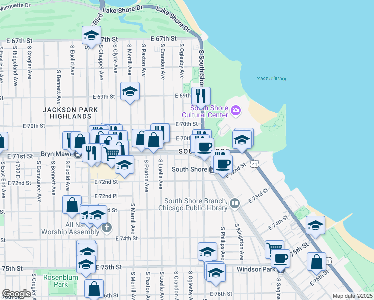 map of restaurants, bars, coffee shops, grocery stores, and more near 2311 East 71st Street in Chicago