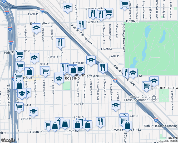 map of restaurants, bars, coffee shops, grocery stores, and more near 7056 South Rhodes Avenue in Chicago