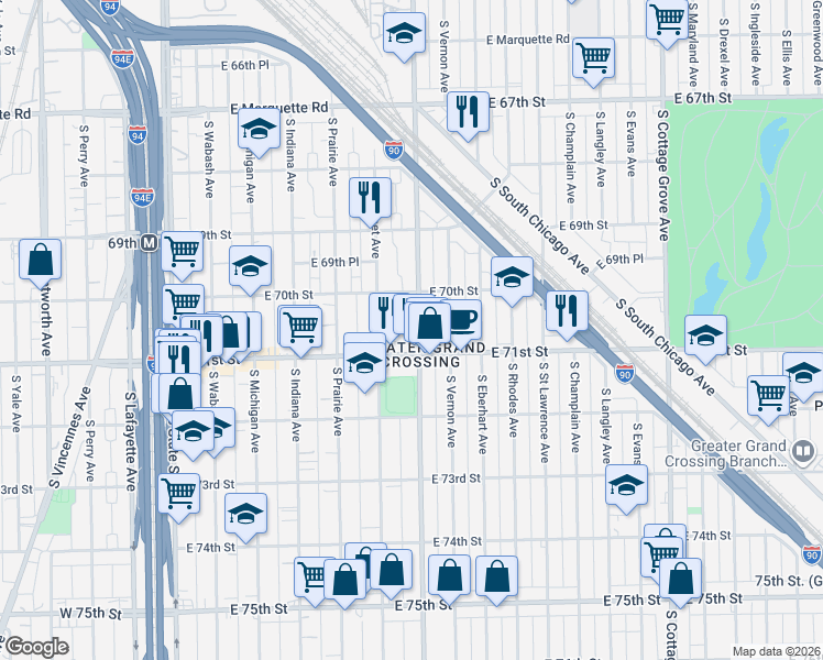 map of restaurants, bars, coffee shops, grocery stores, and more near 7053 South King Drive in Chicago