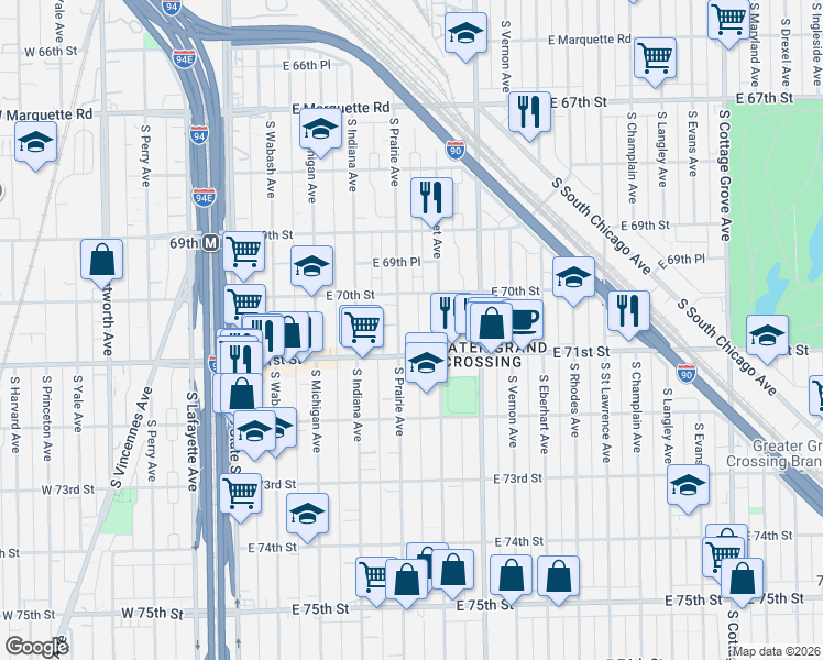 map of restaurants, bars, coffee shops, grocery stores, and more near 7051 South Prairie Avenue in Chicago