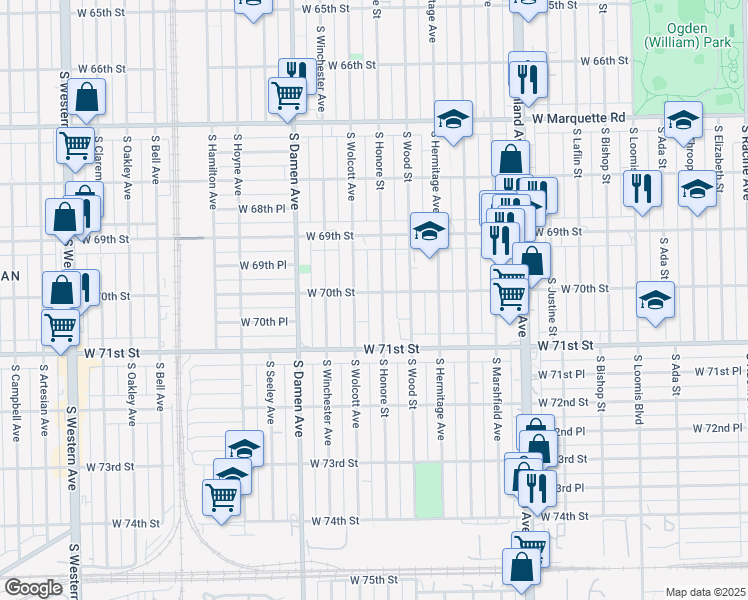map of restaurants, bars, coffee shops, grocery stores, and more near 7020 South Honore Street in Chicago