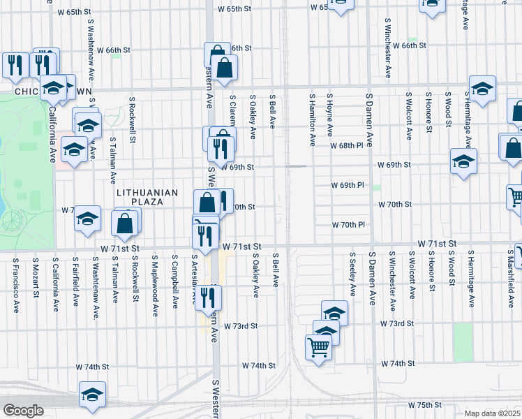 map of restaurants, bars, coffee shops, grocery stores, and more near 7014 South Oakley Avenue in Chicago