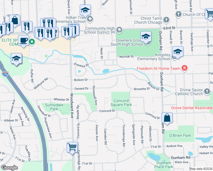 map of restaurants, bars, coffee shops, grocery stores, and more near 1741 Oxnard Drive in Downers Grove