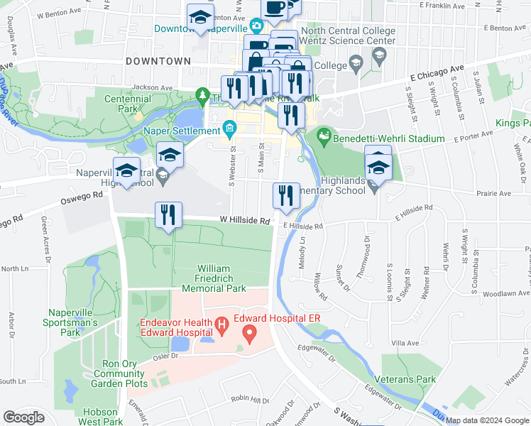 map of restaurants, bars, coffee shops, grocery stores, and more near in Naperville