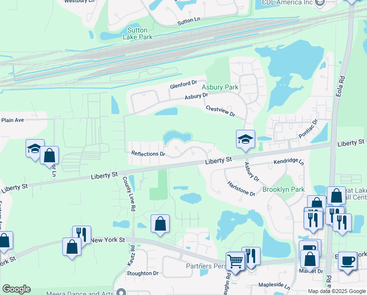 map of restaurants, bars, coffee shops, grocery stores, and more near 2423 Reflections Drive in Aurora