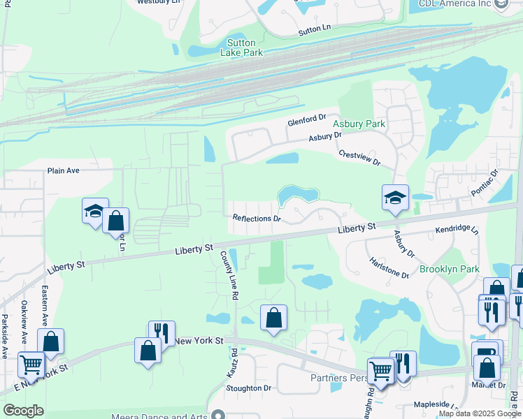 map of restaurants, bars, coffee shops, grocery stores, and more near 2332 Reflections Drive in Aurora