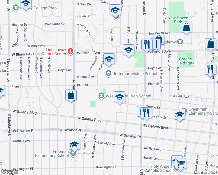 map of restaurants, bars, coffee shops, grocery stores, and more near in Aurora