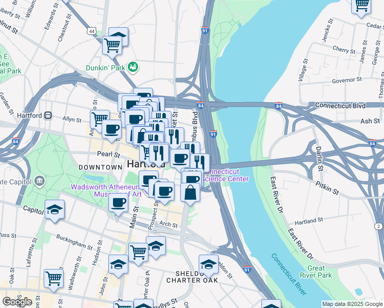 map of restaurants, bars, coffee shops, grocery stores, and more near 441 Columbus Boulevard in Hartford