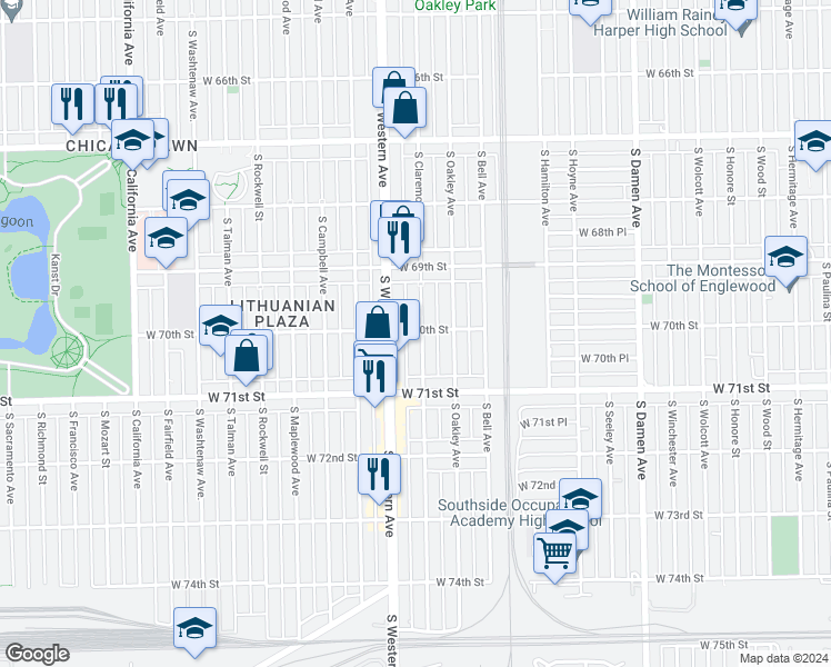 map of restaurants, bars, coffee shops, grocery stores, and more near 2335 West 70th Street in Chicago