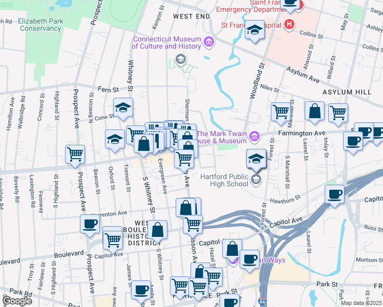 map of restaurants, bars, coffee shops, grocery stores, and more near 467 Farmington Avenue in Hartford