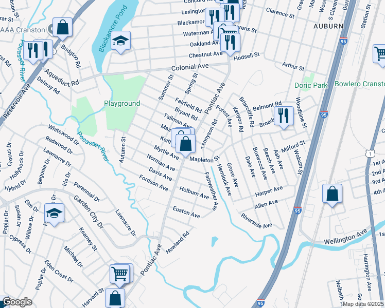 map of restaurants, bars, coffee shops, grocery stores, and more near 722 Pontiac Avenue in Cranston