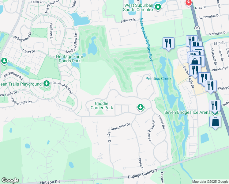 map of restaurants, bars, coffee shops, grocery stores, and more near 6412 Greene Road in Woodridge