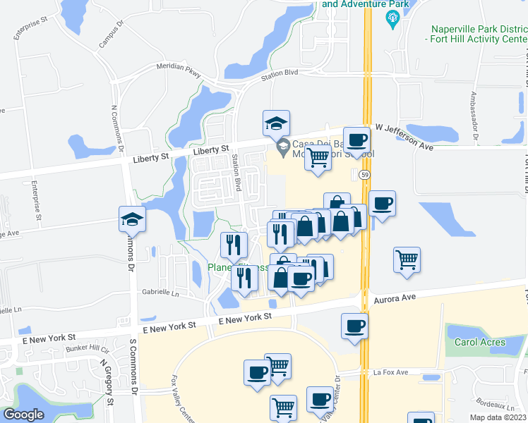 map of restaurants, bars, coffee shops, grocery stores, and more near 4240 Drexel Avenue in Aurora