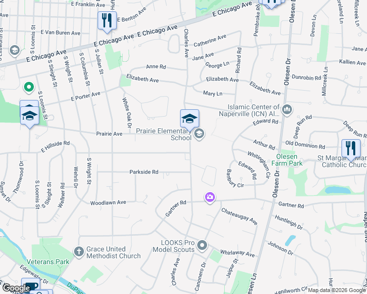 map of restaurants, bars, coffee shops, grocery stores, and more near 1050 East Hillside Road in Naperville