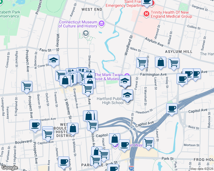 map of restaurants, bars, coffee shops, grocery stores, and more near 16 Owen Street in Hartford