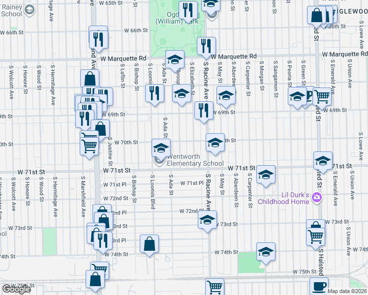 map of restaurants, bars, coffee shops, grocery stores, and more near 7024 South Elizabeth Street in Chicago
