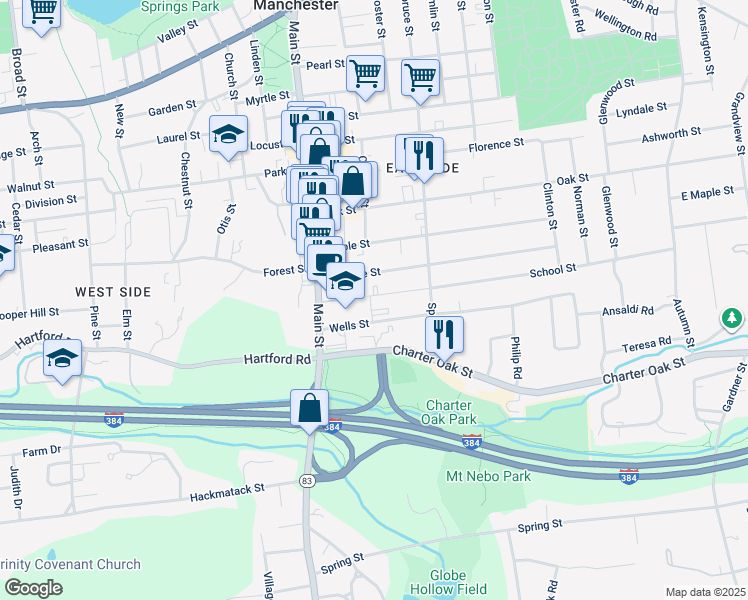 map of restaurants, bars, coffee shops, grocery stores, and more near 46 School Street in Manchester
