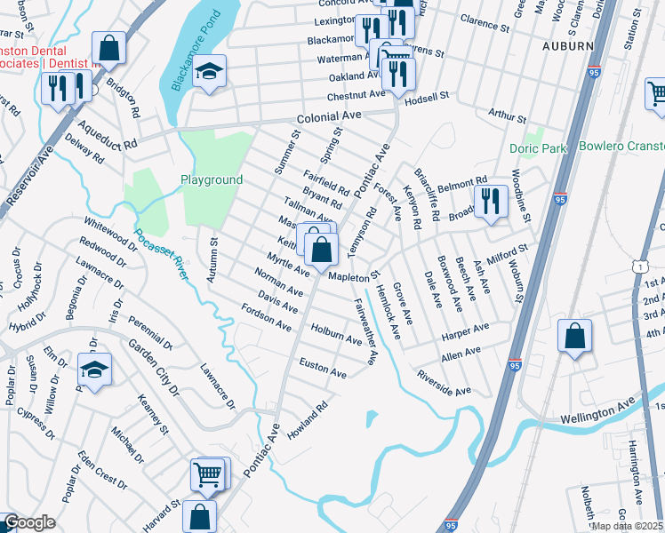 map of restaurants, bars, coffee shops, grocery stores, and more near 722 Pontiac Avenue in Cranston