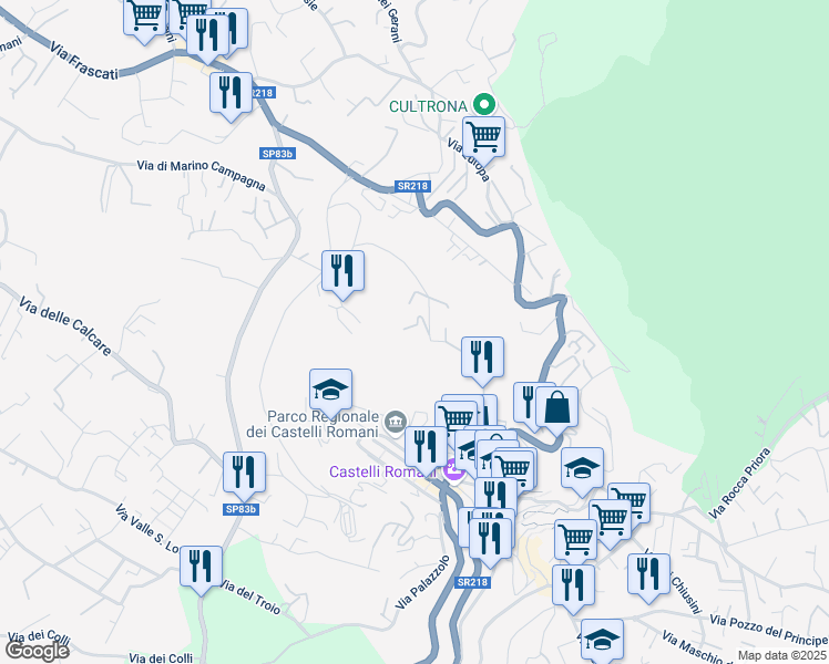 map of restaurants, bars, coffee shops, grocery stores, and more near 25 Via Focicchia in Rocca di Papa