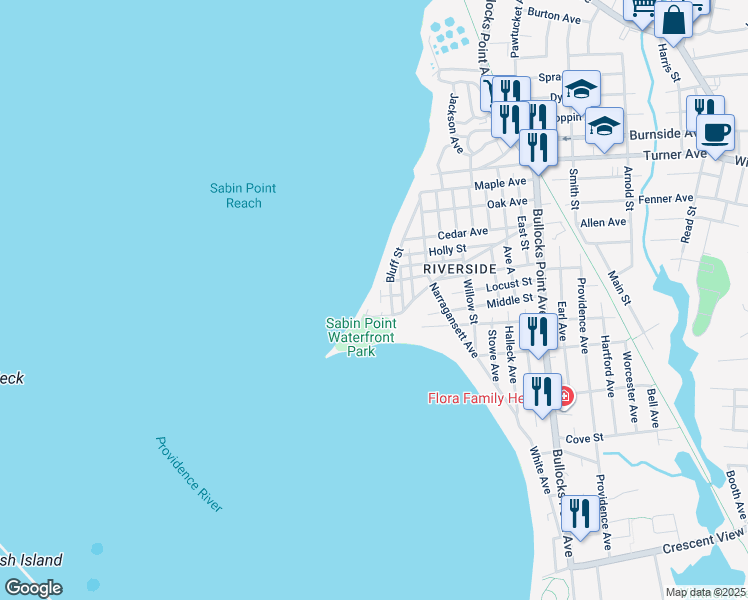 map of restaurants, bars, coffee shops, grocery stores, and more near 130 Sabin Point in East Providence
