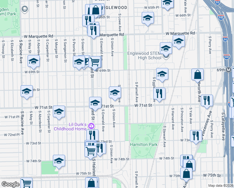 map of restaurants, bars, coffee shops, grocery stores, and more near 7033 South Lowe Avenue in Chicago