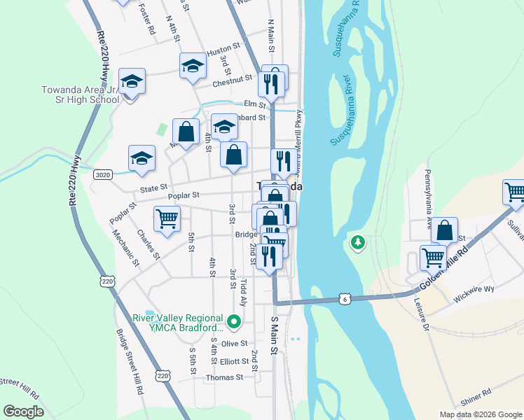 map of restaurants, bars, coffee shops, grocery stores, and more near 108 Pine Street in Towanda