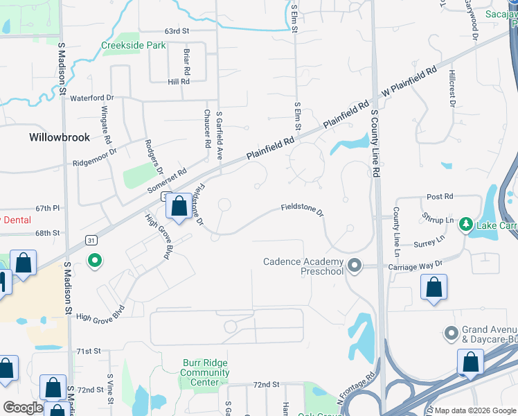 map of restaurants, bars, coffee shops, grocery stores, and more near 6825 Fieldstone Drive in Burr Ridge