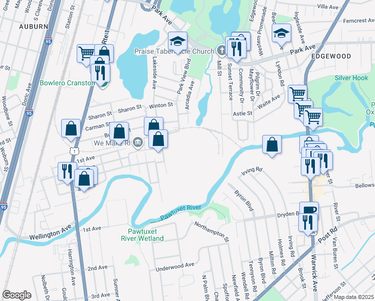 map of restaurants, bars, coffee shops, grocery stores, and more near 214 Park View Boulevard in Cranston