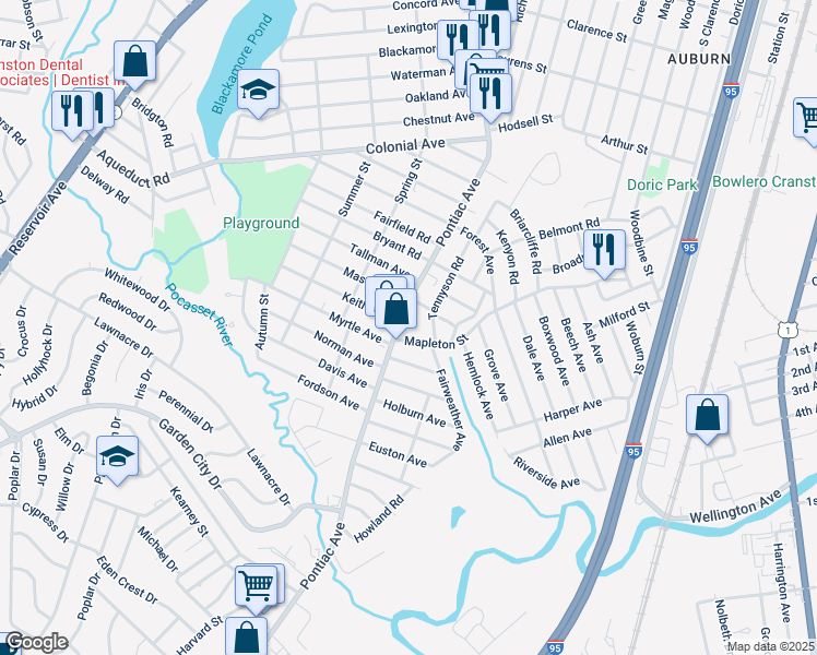 map of restaurants, bars, coffee shops, grocery stores, and more near 728 Pontiac Avenue in Cranston