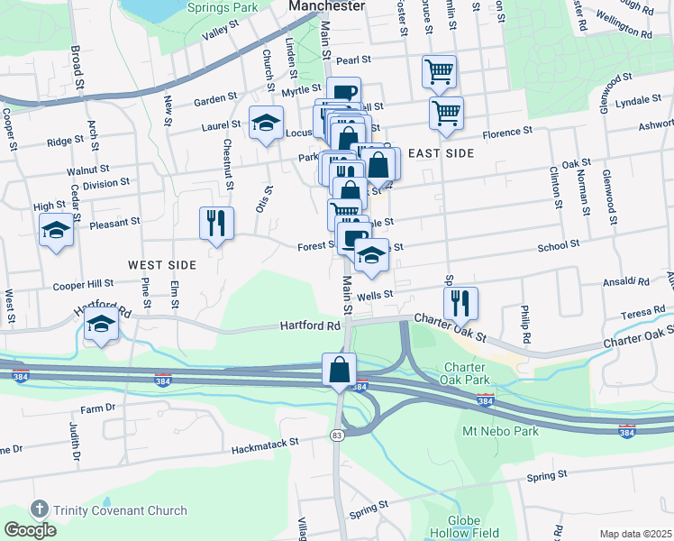 map of restaurants, bars, coffee shops, grocery stores, and more near 1180 Main Street in Manchester