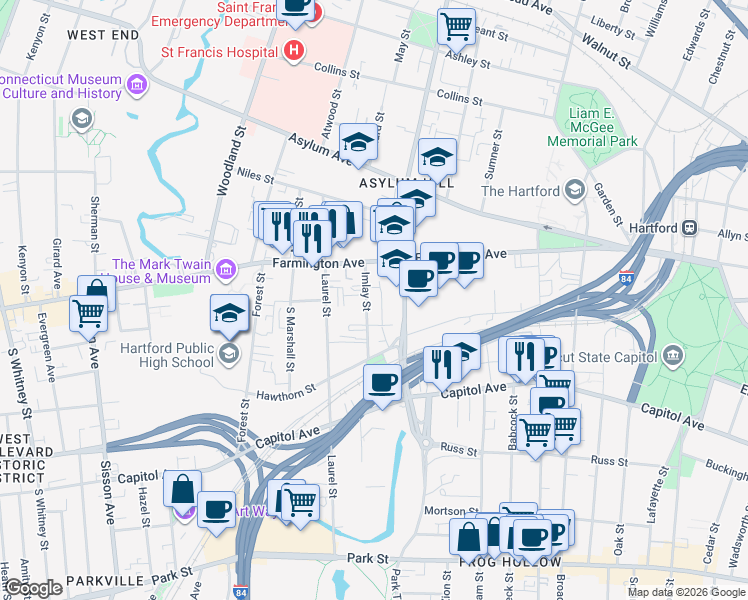 map of restaurants, bars, coffee shops, grocery stores, and more near 42 Imlay Street in Hartford