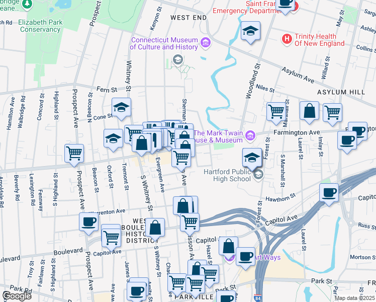 map of restaurants, bars, coffee shops, grocery stores, and more near 21 Denison Street in Hartford