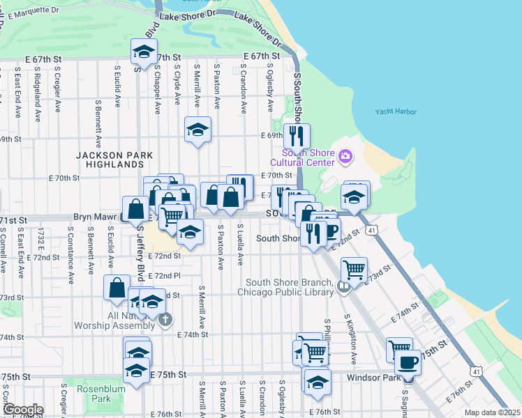 map of restaurants, bars, coffee shops, grocery stores, and more near 2311 East 71st Street in Chicago