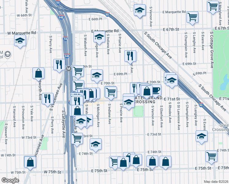 map of restaurants, bars, coffee shops, grocery stores, and more near 7025 South Indiana Avenue in Chicago