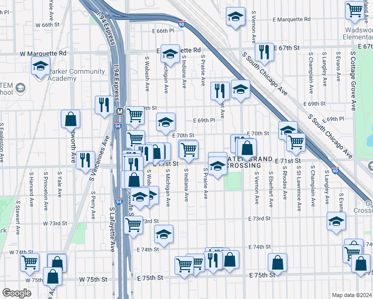map of restaurants, bars, coffee shops, grocery stores, and more near 7025 South Indiana Avenue in Chicago