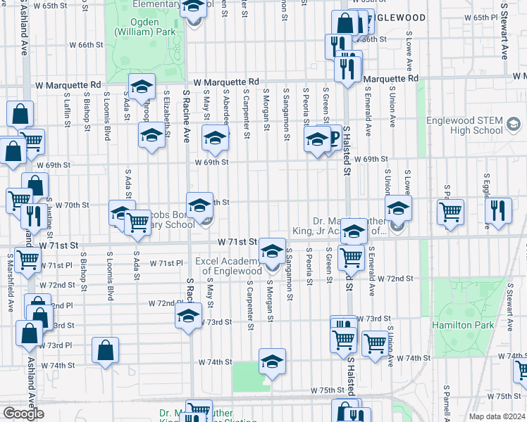 map of restaurants, bars, coffee shops, grocery stores, and more near 7030 South Morgan Street in Chicago