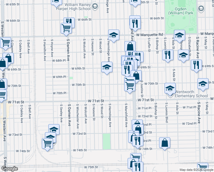 map of restaurants, bars, coffee shops, grocery stores, and more near 7021 South Hermitage Avenue in Chicago