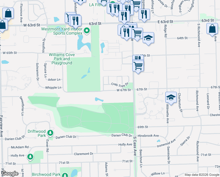 map of restaurants, bars, coffee shops, grocery stores, and more near 6708 West 67th Street in Westmont