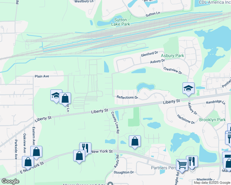 map of restaurants, bars, coffee shops, grocery stores, and more near 2261 Reflections Drive in Aurora