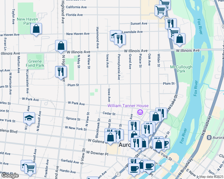 map of restaurants, bars, coffee shops, grocery stores, and more near 432 Iowa Avenue in Aurora