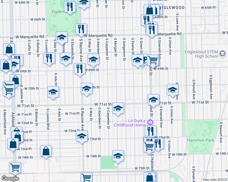 map of restaurants, bars, coffee shops, grocery stores, and more near 7012 South Morgan Street in Chicago