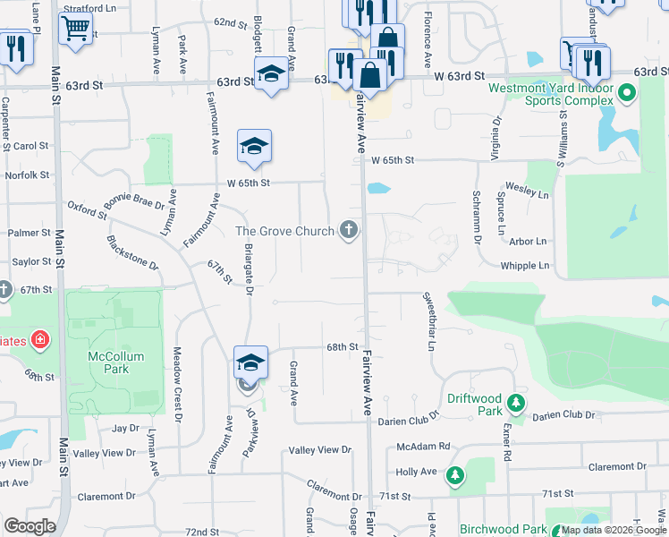 map of restaurants, bars, coffee shops, grocery stores, and more near 405 Atwood Court in Downers Grove