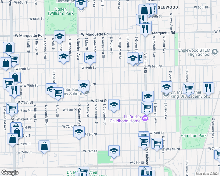 map of restaurants, bars, coffee shops, grocery stores, and more near 7010 South Morgan Street in Chicago
