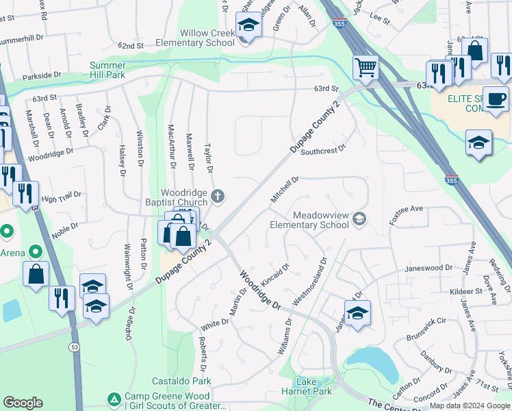 map of restaurants, bars, coffee shops, grocery stores, and more near 2840 Mitchell Drive in Woodridge