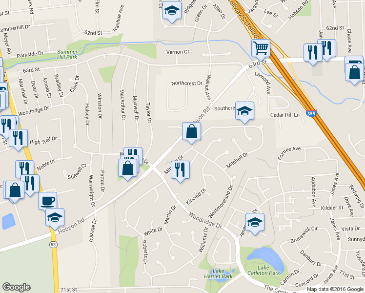 map of restaurants, bars, coffee shops, grocery stores, and more near 2821 Hobson Road in Woodridge