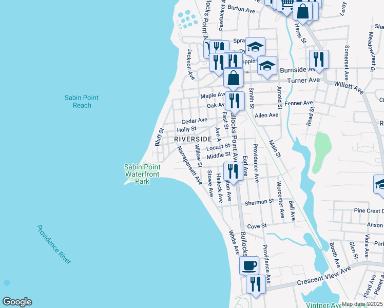 map of restaurants, bars, coffee shops, grocery stores, and more near 112 Middle Street in East Providence