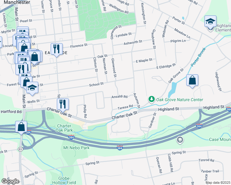 map of restaurants, bars, coffee shops, grocery stores, and more near 58 Virginia Road in Manchester