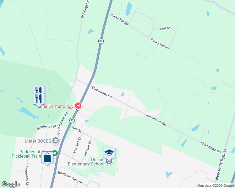 map of restaurants, bars, coffee shops, grocery stores, and more near 45 Shivertown Road in New Paltz