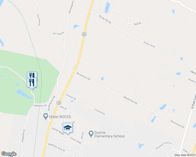 map of restaurants, bars, coffee shops, grocery stores, and more near 45 Shivertown Road in New Paltz