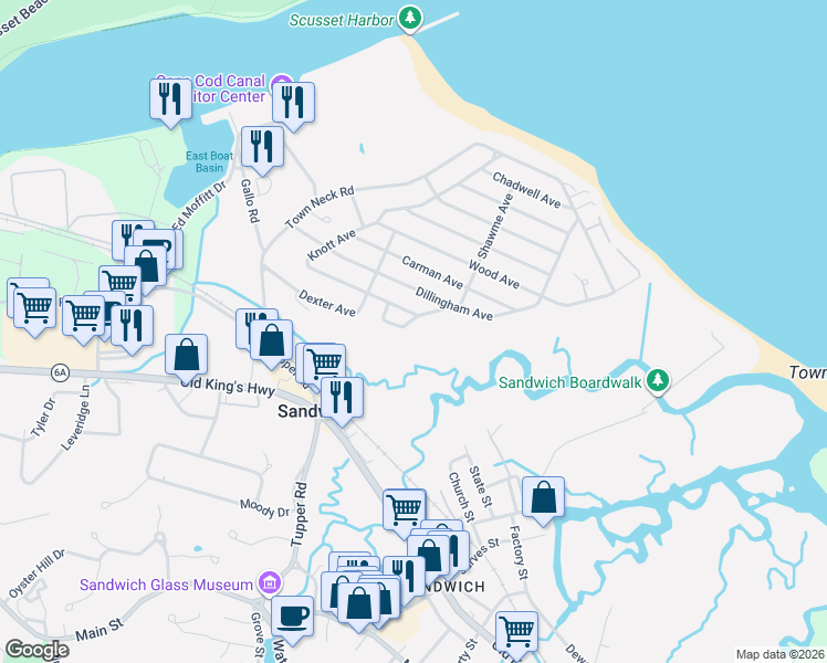 map of restaurants, bars, coffee shops, grocery stores, and more near 18 Burg Avenue in Sandwich
